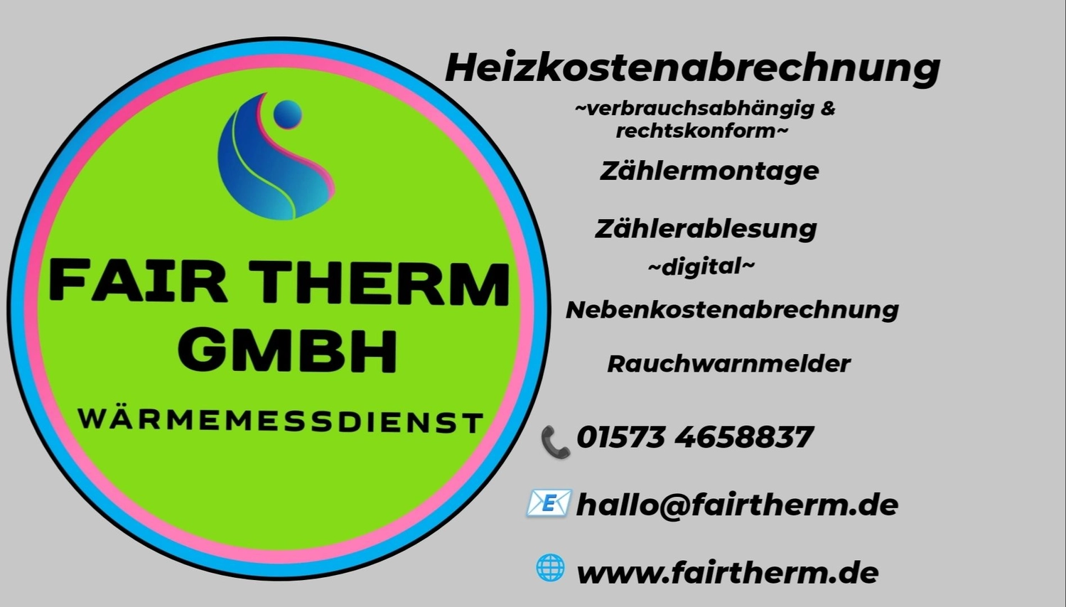 Fair Therm GmbH - Rechtskonforme Abrechnung und Analyse - Visitenkarte mit Logo und Kontaktdaten